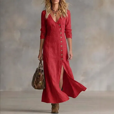Damen Casual Baumwollmischung Langarm V-Ausschnitt Bodycon Maxikleid Einffarbig Elegant Slim Fit Frühling Sommer Kleid