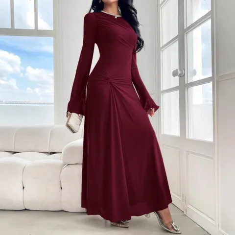 Women's Elegant Long Sleeve Bell Sleeve Slim Fit Pleated Bodycon Maxi Dress Casual Solid Color Commuter Dress