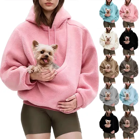 Women's Casual Alpaca Fleece Pet Pouch Hoodie Warm Solid Color Loose Pullover Mid-Length Hooded Sweatshirt For Winter Autumn
