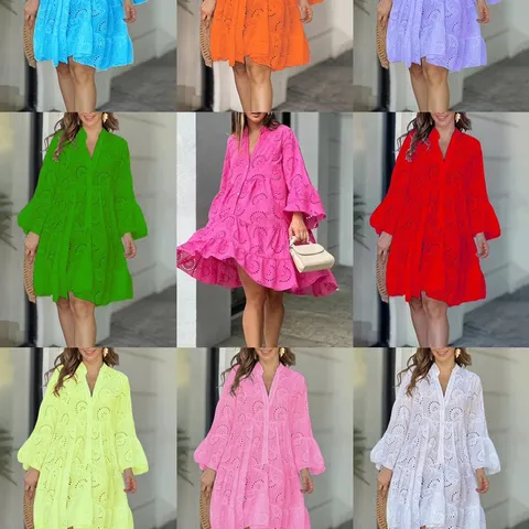 Women V Neck Embroidery Hollow Out Lace Cotton Dress Solid Color Loose Tiered A-Line Midi Dress Long Sleeve Boho Casual Party Dress