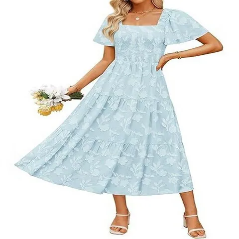Women Square Neck Short Sleeve Embroidered Floral Midi Dress Elegant Tiered Smocked Waist Summer Vacation Polyester Dress