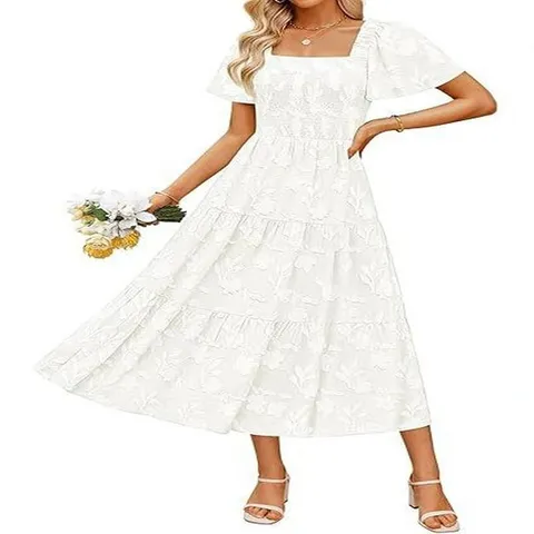 Women Square Neck Short Sleeve Embroidered Floral Midi Dress Elegant Tiered Smocked Waist Summer Vacation Polyester Dress