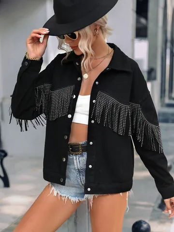 Women's Western Denim Jacket With Rhinestone Tassel Details Loose Fit Fringe Outerwear Coat Long Sleeve Denim Jacket
