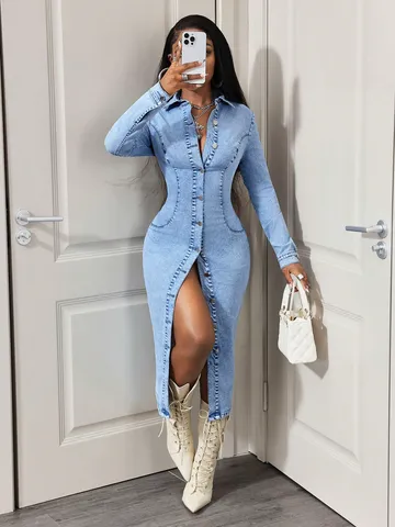 Women Casual Slim Fit Long Sleeve Denim Midi Dress Turn-Down Collar Button Down Solid Color Stretch Denim Shirt Dress