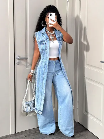 Women Denim Vest High Low Hem Sleeveless Denim Jacket Streetwear Casual Washed Outwear Denim Top