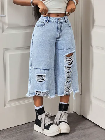 Women Ripped Jeans High Waisted Distressed Wide Leg Cropped Denim Pants Light Blue Casual Streetwear Fashion Trouser