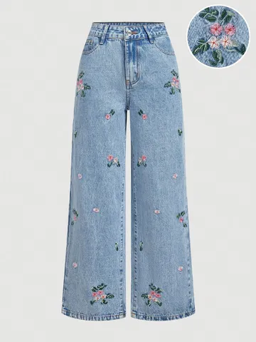 Damen High Waist Straight Leg Jeans Waschblau Denim Hose Mit Blumenstickerei Streetwear Lockere Passform Hose