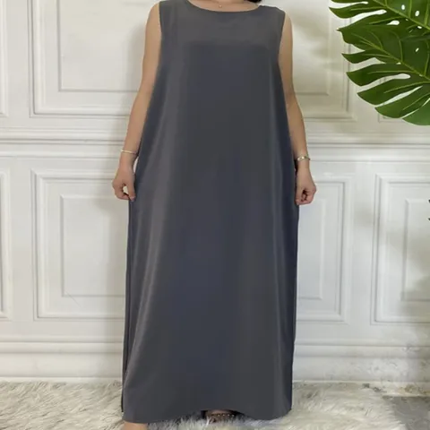 Vestido Largo Elegante Sin Mangas Para Mujer Cuello Redondo Color Sólido Poliéster Acolchado Corte Recto Cómodo Vestido Largo Casual