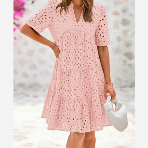Women Elegant V-Neck Short Sleeve Hollow Out Patchwork Dress Tiered Cake Skirt Solid Polyester Midi Dress For Summer Vacation Daily Wear