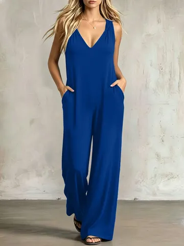 Women Casual V-Neck Sleeveless Jumpsuit Hooded Loose Fit Romper With Pockets Solid Color Polyester Summer One-Piece Overalls
