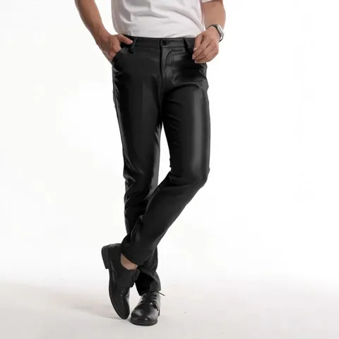 Men's Slim Fit PU Leather Pants Elastic Motorcycle Riding Trousers Four Seasons Casual Faux Leather Leggings For Men