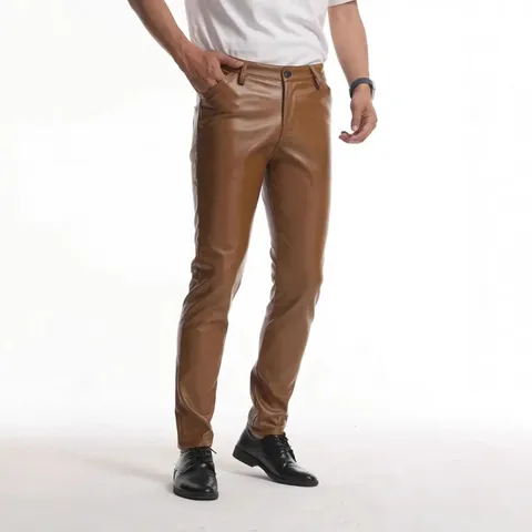 Men's Slim Fit PU Leather Pants Elastic Motorcycle Riding Trousers Four Seasons Casual Faux Leather Leggings For Men