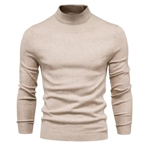 Men's Slim Fit Mid-Neck Knitted Sweater Thick Warm Pullover For Autumn Winter Solid Color Ribbed Cuff Knitwear Men Top