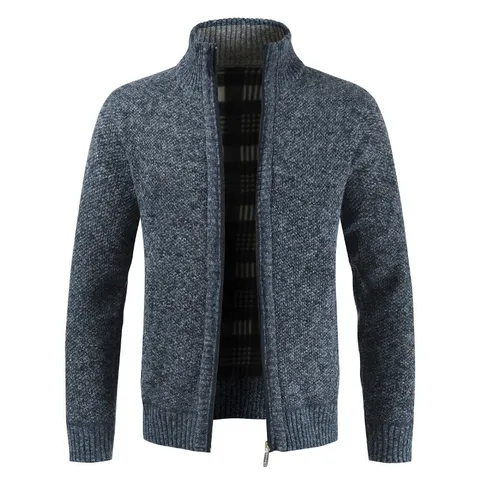 Men's Casual Stand Collar Zip Up Knit Cardigan Sweater Fleece Lined Thick Knitted Jacket Cashmere Polyester Plaid Lining Outerwear