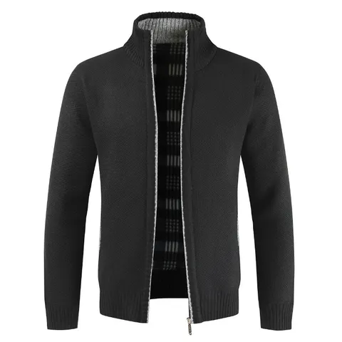 Men's Casual Stand Collar Zip Up Knit Cardigan Sweater Fleece Lined Thick Knitted Jacket Cashmere Polyester Plaid Lining Outerwear