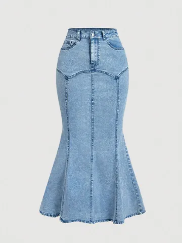 Elegant Women's Denim Fishtail Skirt High Waist Stretch Slim Fit Maxi Skirt Blue Streetwear Casual Denim Skirt Pocket Bottom