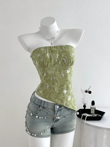 Women Sexy Green Sequin Textured Tube Top Summer Sleeveless Backless Strapless Slim Fit Crop Top For Party Clubwear