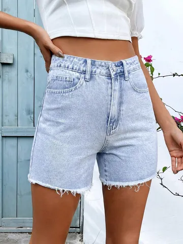 Women Stretch Denim Shorts High Waist Raw Edge Frayed Hem Casual Summer Washed Denim Bottoms Streetwear Fashion Jean Shorts