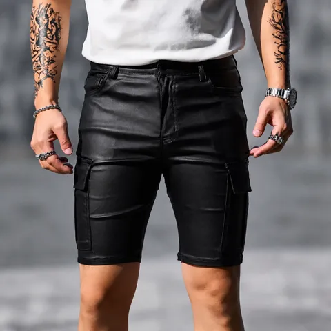 Men PU Leather Cargo Shorts Slim Fit Knee Length Multi Pockets Summer Streetwear Casual Cycling Bottoms Faux Leather Pants