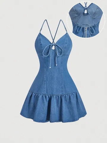 Women Summer Denim Strappy Dress Backless Cross Tie Up Mini Dress V Neck Ruffle Hem Sleeveless Cotton Denim Dress Casual Party Dress