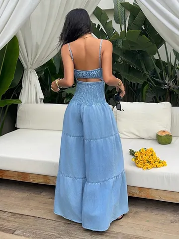 Women's Light Blue Cotton Denim Jumpsuit Bow Tie Cami Top And Wide Leg Pants High Smock Waist Sleeveless Summer Overalls