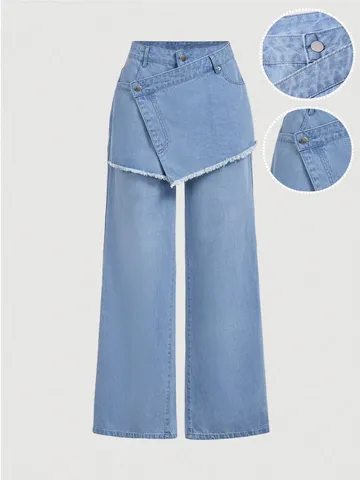 Damen Baumwolle Denim Weites Bein Gerade Jeans Mit Asymmetrischem Fake-Zweiteiler Rock Taille Offene Kante Lässige Lange Hose