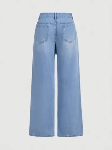 Damen Baumwolle Denim Weites Bein Gerade Jeans Mit Asymmetrischem Fake-Zweiteiler Rock Taille Offene Kante Lässige Lange Hose