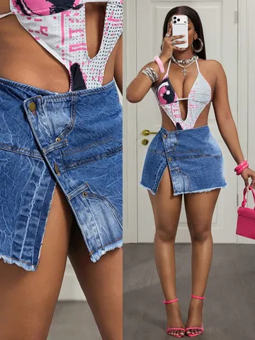 Women Low Waist Asymmetric Denim Skirt Frayed Edge High Slit Button Mini Skirt Casual Streetwear Blue Short Jean Skirt