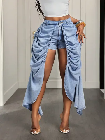 Women High Waist Denim Shorts With Asymmetric Pleated Skirt Overlay Ruffle Hem Cotton Washed Blue Jean Skorts Streetwear Shorts