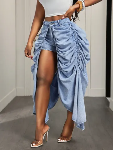 Women High Waist Denim Shorts With Asymmetric Pleated Skirt Overlay Ruffle Hem Cotton Washed Blue Jean Skorts Streetwear Shorts