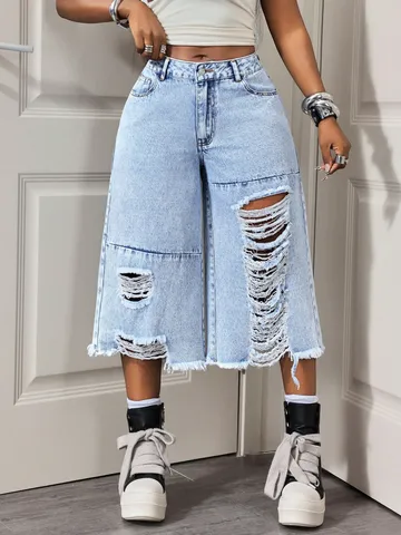Women Ripped Jeans High Waisted Distressed Wide Leg Cropped Denim Pants Light Blue Casual Streetwear Fashion Trouser