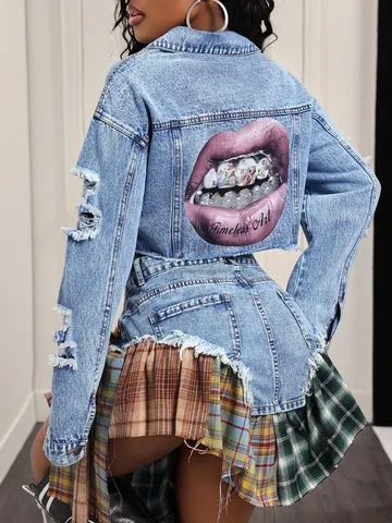 Damen Jeansjacke Kurz Distressed Ausgefranster Saum Druck Revers Knopfleiste Mantel Streetwear Lässig Blau Top