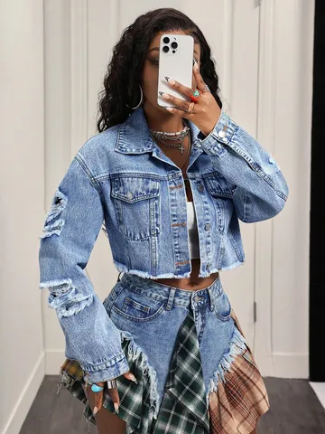 Damen Jeansjacke Kurz Distressed Ausgefranster Saum Druck Revers Knopfleiste Mantel Streetwear Lässig Blau Top