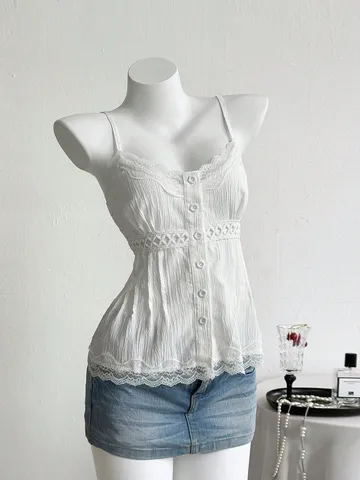 Top De Tirantes Dulce Para Mujer Con Ribete De Encaje Ajustado Hueco Sin Mangas Color Sólido Chaleco De Poliéster Verano