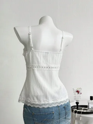 Top De Tirantes Dulce Para Mujer Con Ribete De Encaje Ajustado Hueco Sin Mangas Color Sólido Chaleco De Poliéster Verano