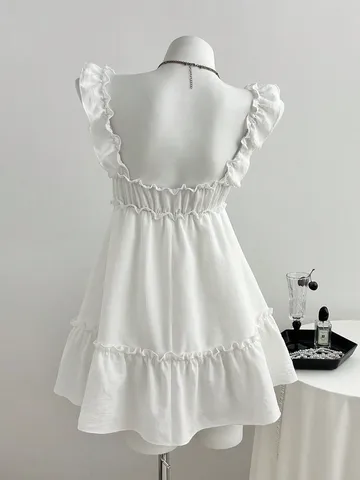 Damen Süß Polyester Einfarbig Kleid Rüschen Kordelzug Eckiger Ausschnitt A-Linie Schlanke Passform Lässig Kurz Kleid Für Urlaub