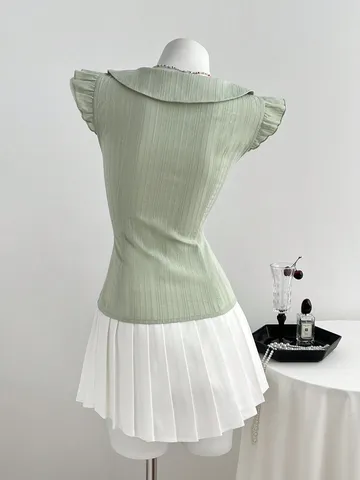 Women's Ruffle Peter Pan Collar Flutter Sleeve Blouse Cotton Solid Color Textured Summer Casual Top