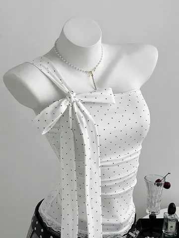 Women Polka Dot One Shoulder Bow Cami Top Slim Fit Sleeveless Printed Tank Top for Summer Party