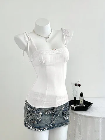 Women Lace Patchwork Camisole Sweet Bow Tie Strap Slim Fit Top Summer Sexy Sleeveless Crop Top Plaid Ribbed Vest