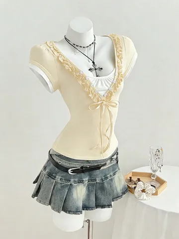 Camiseta de Mujer Estilo Spice Girl Dulce con Borde Ondulado Cuello en V Patchwork Manga Corta Top Casual Adelgazante Y2K
