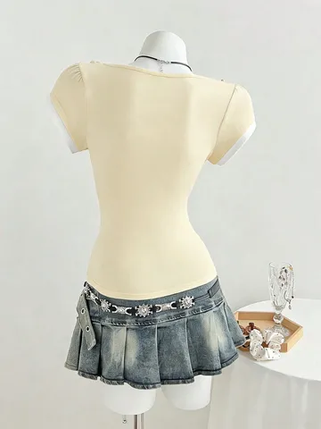 Camiseta de Mujer Estilo Spice Girl Dulce con Borde Ondulado Cuello en V Patchwork Manga Corta Top Casual Adelgazante Y2K