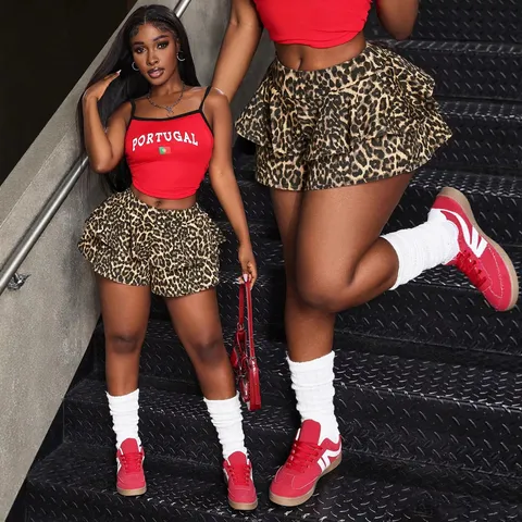 Fashion Leopard Camouflage Printed Tiered Ruffle Denim Skort Women High Waist Washed Ruffled Bottom Casual Summer Clothing