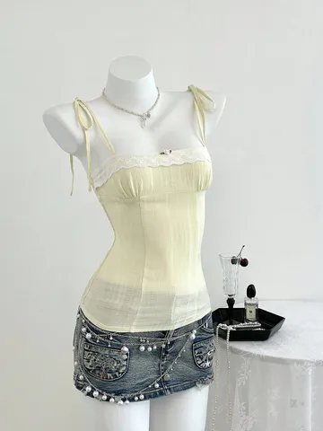 Women Lace Patchwork Camisole Sweet Bow Tie Strap Slim Fit Top Summer Sexy Sleeveless Crop Top Plaid Ribbed Vest