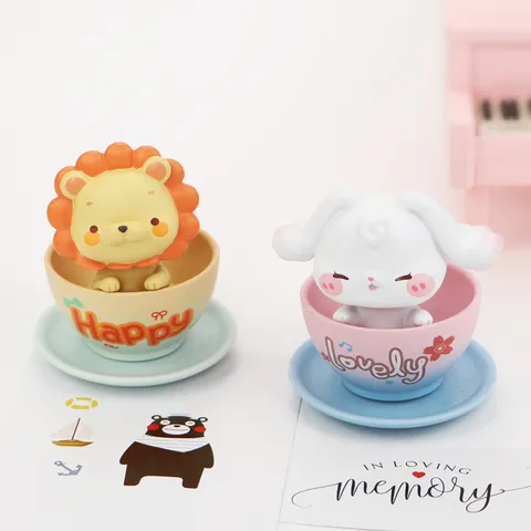 Cute Cartoon Animal Mini Cup Shaking Head Car Ornament Resin Rabbit Lion Unicorn Bear Dashboard Decoration Desk Figurine Cake Topper