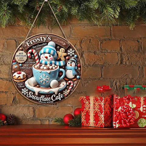 Wooden Christmas Hanging Sign Cute Snowman Hot Cocoa Holiday Wall Decor Festive Indoor Wooden Home Ornament