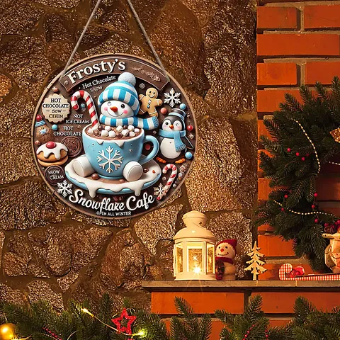 Wooden Christmas Hanging Sign Cute Snowman Hot Cocoa Holiday Wall Decor Festive Indoor Wooden Home Ornament
