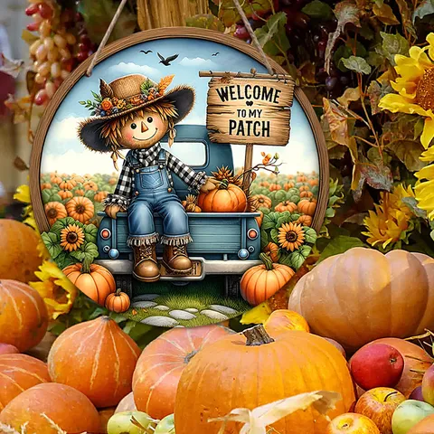 Thanksgiving Scarecrow Welcome Wooden Doorplate Harvest Festival Pumpkin Hanging Sign Fall Home Wall Decor