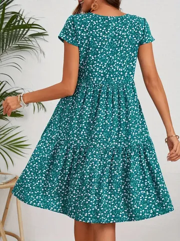Women Floral Print Short Sleeve Round Neck Midi Dress Elegant Loose Patchwork Tiered Skirt Summer Casual Holiday Apparel