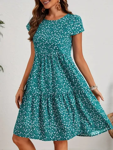 Women Floral Print Short Sleeve Round Neck Midi Dress Elegant Loose Patchwork Tiered Skirt Summer Casual Holiday Apparel