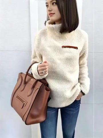 Sudadera de Mujer con Cuello Alto y Media Cremallera de Lana de Cordero Sintética Forro Polar Cálido Manga Larga Invierno Elastano